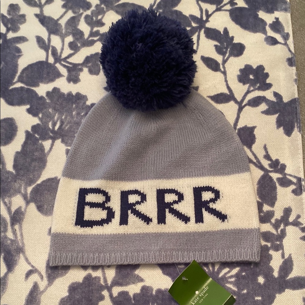 Kate Spade Sky Blue and Navy Pom-Pom Beanie